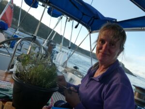Even on a boat Fiona can garden.