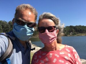 Hiking in masks, in the midday sun.